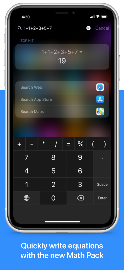 NumPad: Your Number Keyboard - iPhone screen displaying the NumPad keyboard with math symbols and an equation result