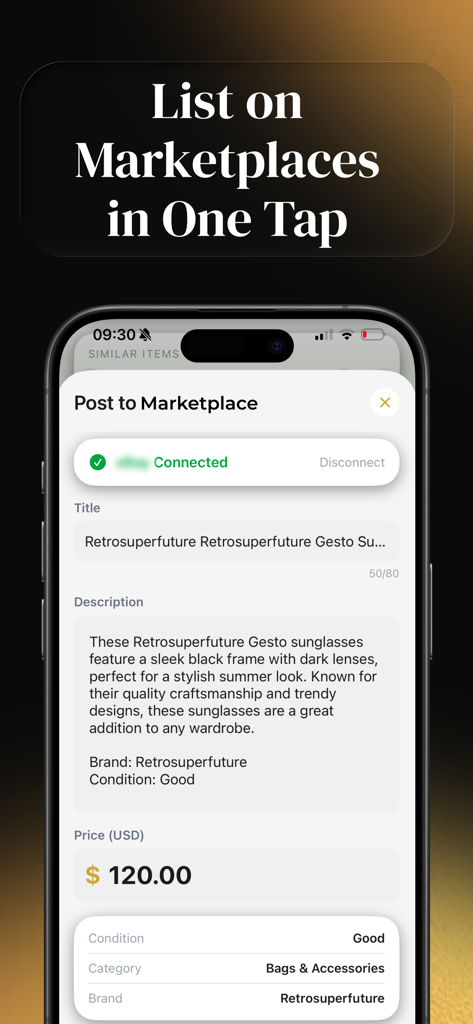 Thriftly: Profit Identifier - A screenshot of the Thriftly app interface showing the feature to list a pair of sunglasses on a marketplace in one tap with AI-generated descriptions.