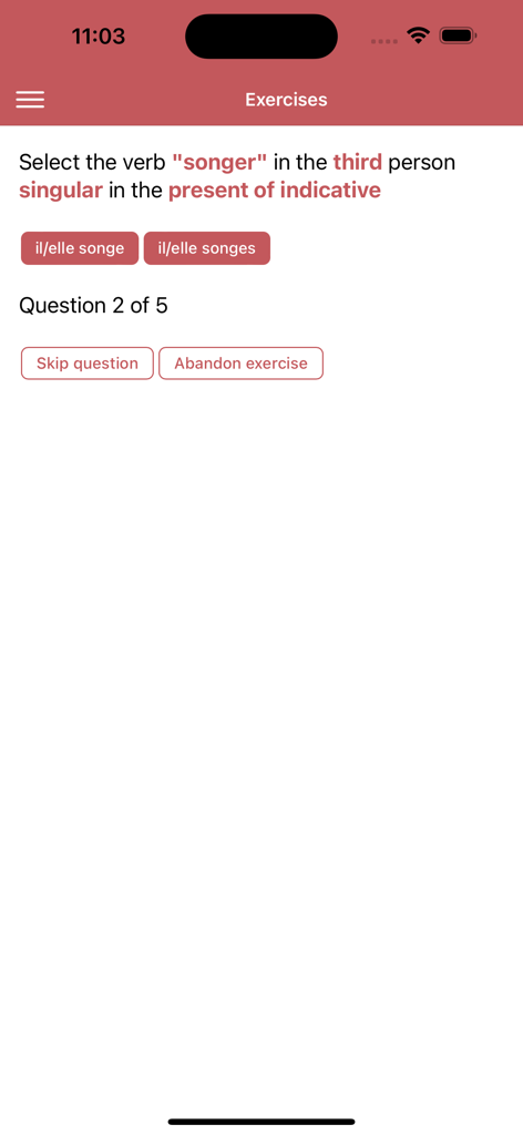 French conjugations! - Interactive French verb conjugation exercise screen for the verb songer in the present tense
