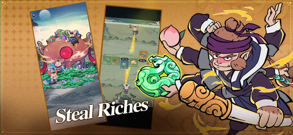 Nobody's Adventure Chop-Chop - Un guerrero mono de múltiples brazos de Nobodys Adventure Chop-Chop sosteniendo un dragón de jade y un bastón junto a capturas de pantalla del juego de ratones robando tesoros