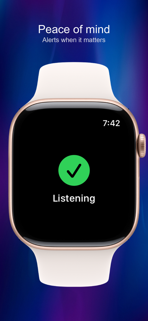 CryDetect - AI Baby Monitor - Apple Watch screen showing the CryDetect app in listening mode with a green checkmark indicating active baby monitoring.