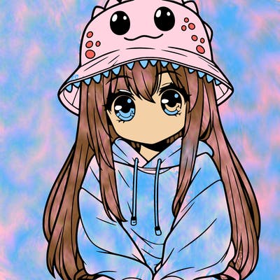 girl with anime shaped eyes with a dinosaur bucket hat oversized sweatshirt long straight hair