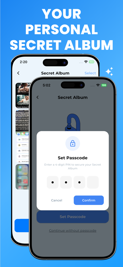 Tela de configuração de senha do álbum secreto do aplicativo Clean My Phone