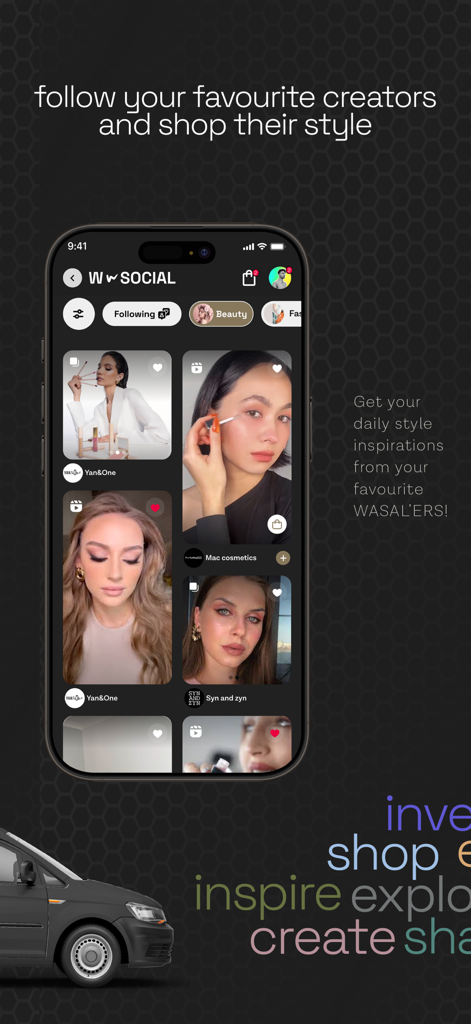 WASAL app interface showing a social feed of fashion and beauty creators with shoppable video content.