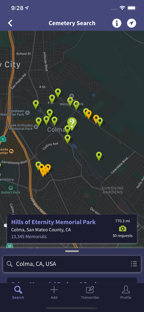 Find a Grave - Find a Graveアプリのスクリーンショット。墓地のピンとHills of Eternity Memorial Parkの記念碑の詳細が表示されたマップが表示されています。