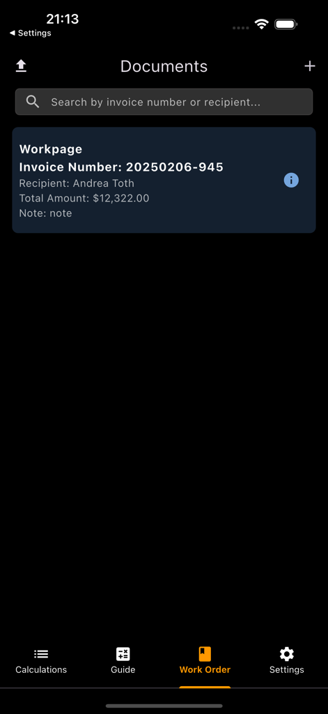 A list of saved work orders and invoices on the Electrician assistant mobile app