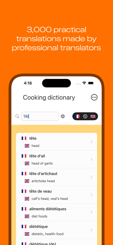 A mobile app screen showing French to English culinary term translations in the Dictionary of cooking terms app