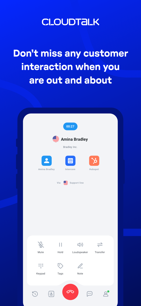 CloudTalk Go app showing an active business call with CRM integrations for Hubspot and Intercom
