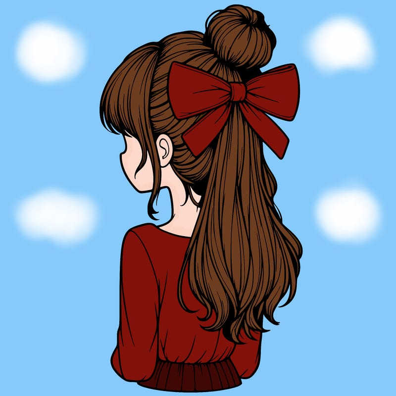 realistic girl  with hip length hair a bun and a big bow on the back of head
