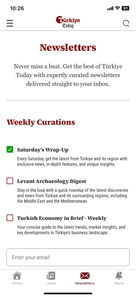 Türkiye Today - The newsletter subscription screen of the Turkiye Today news app featuring weekly curated options like Saturdays Wrap-Up and Levant Archaeology Digest.