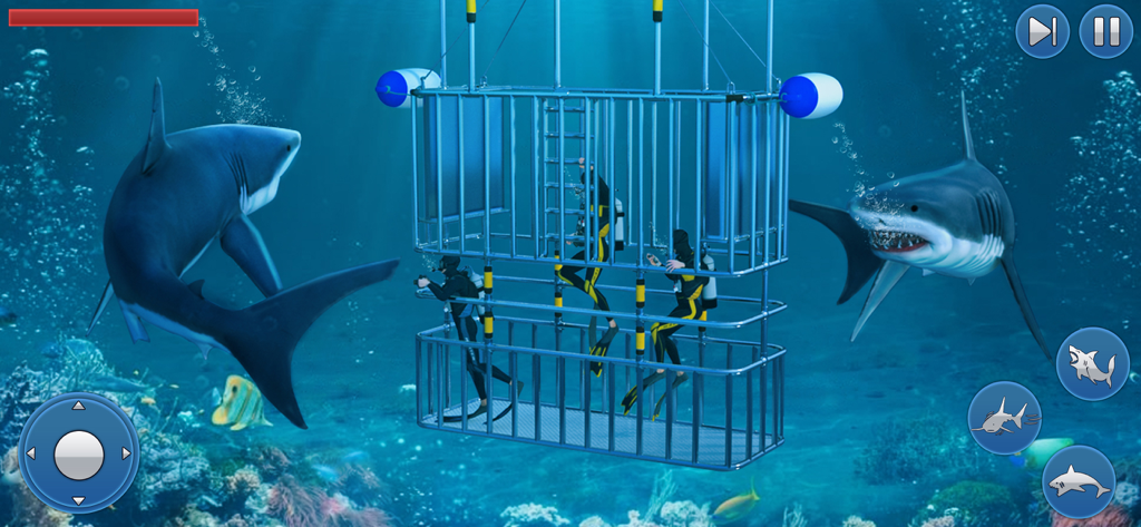 Survival Underwater Shark Game - Two great white sharks swimming around a metal cage with three scuba divers in a deep blue ocean environment