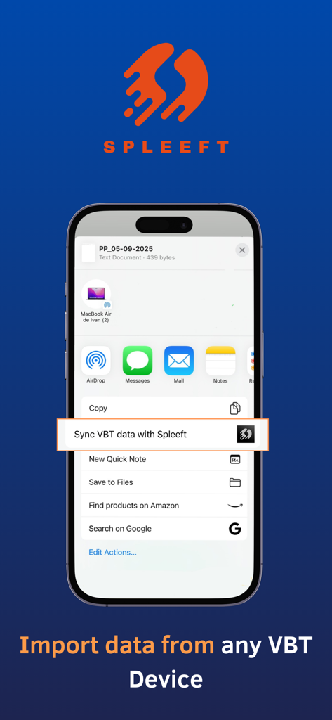 Spleeft - Spleeft app interface on an iPhone showing the option to sync and import VBT training data from other devices.