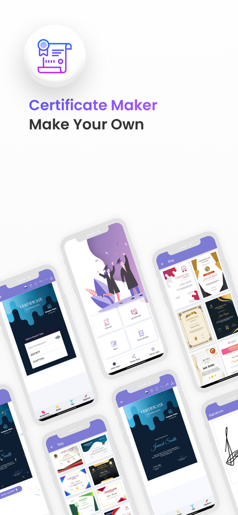 Certificate Maker:Creator - Interfaz de la aplicación Certificate Maker mostrando plantillas de premios profesionales y herramientas de edición móvil.