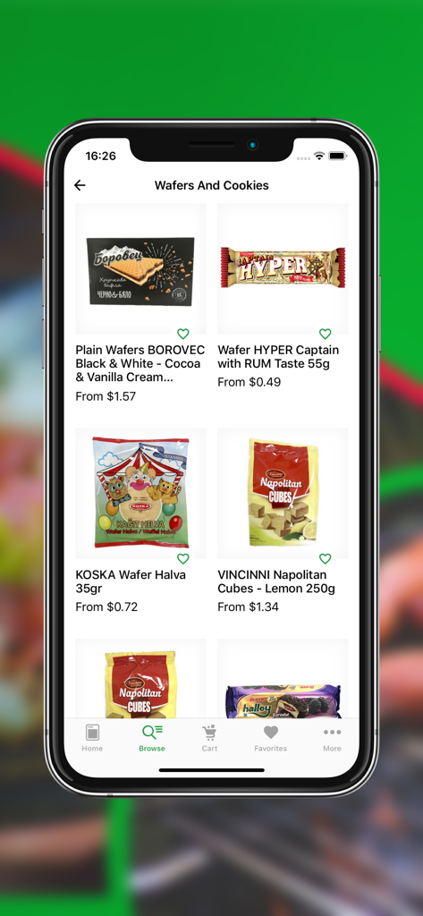 Malincho - Smartphone screen showing the Malincho app with a list of imported European wafers and cookies for sale.