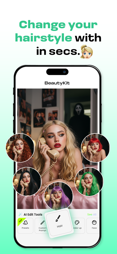 AI Effects & Filters - Bloom - Bloom app interface showing AI hairstyle changer with various virtual hair colors