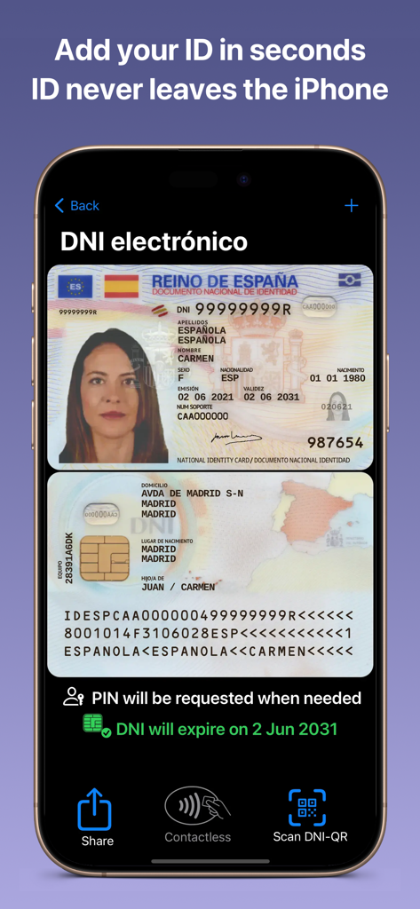 DNI Wallet plus app showing a digital Spanish ID card on an iPhone screen