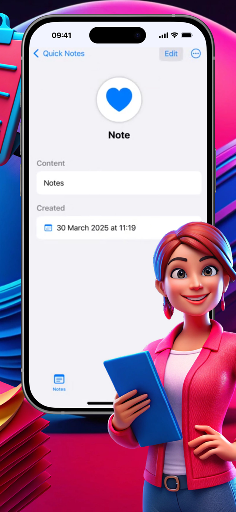 Malpon:QuickNotes - A minimalist note view screen in the Malpon QuickNotes app featuring a blue heart icon and creation timestamp