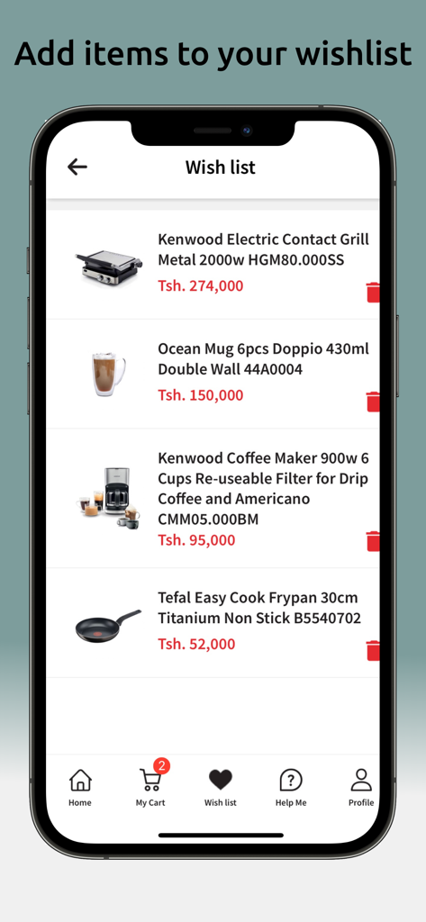 Nida & Danish - Wishlist screen of Nida and Danish app showing kitchen appliances and prices