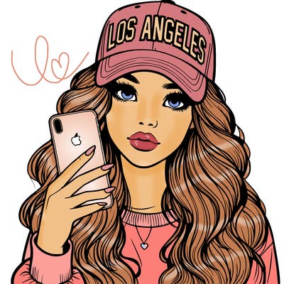 realistic beautiful girl wearing los ángeles cap holding an iphone