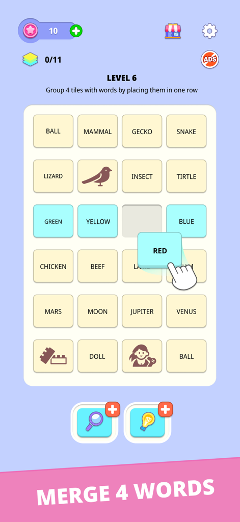 Word Merge: Categories - Una pantalla de juego móvil que muestra un puzle de palabras donde el jugador une cuatro palabras relacionadas del mismo color en una fila.