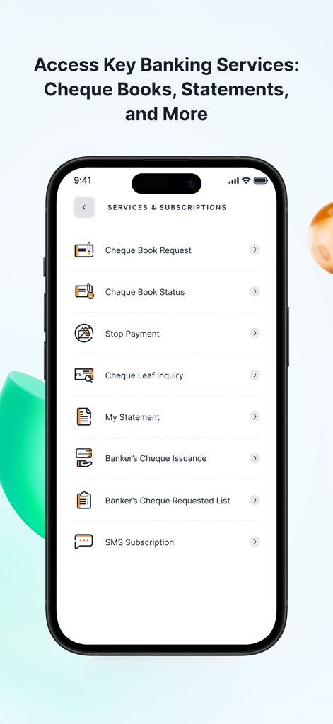First Pay mobile app screen showing options for cheque books and bank statements