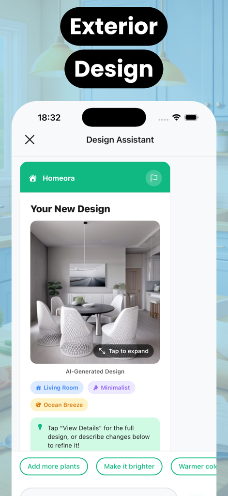 Homeora: AI Room Design - Homeora app interface showing an AI-generated minimalist dining room design with options to add plants or change lighting.