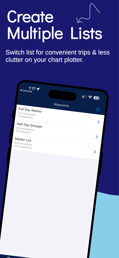 iPhone screen displaying multiple GPS waypoint lists in the On My Marks app for organized fishing trips