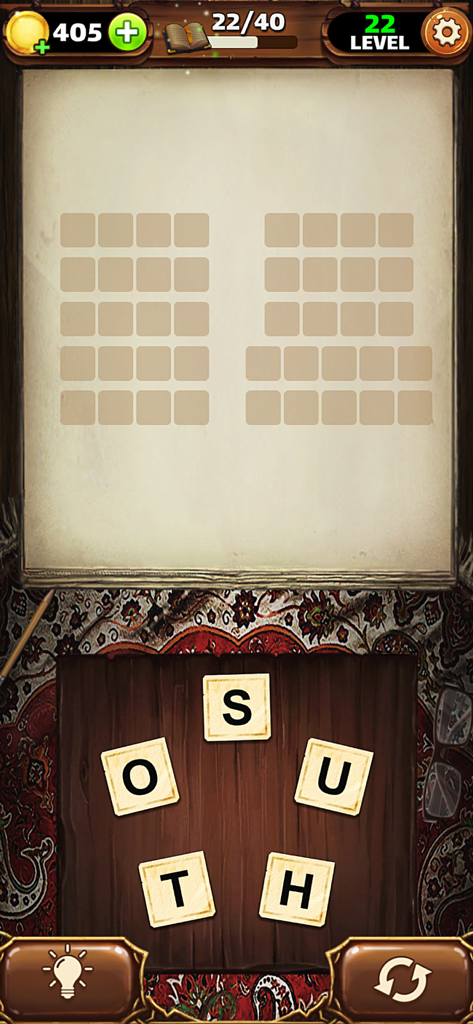 Fandogh | بازی فندق - Interface of Fandogh word puzzle game showing a level with letter tiles S O U T H and a word grid over a Persian rug background