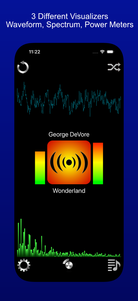 Sonance app interface showing waveform spectrum analyzer and power meter visualizers