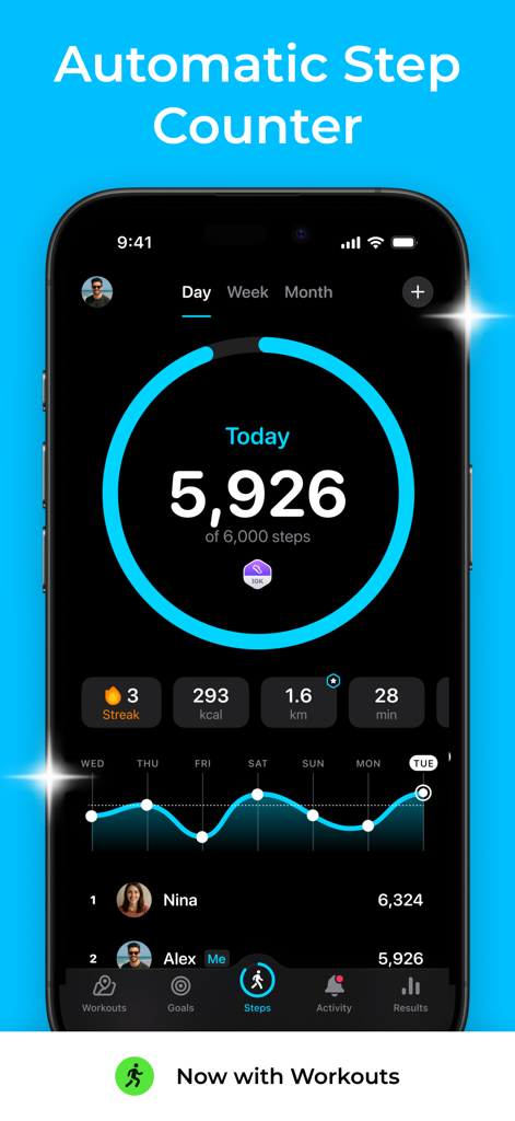 StepsApp mobile dashboard showing daily step count goal progress and weekly activity charts in dark mode