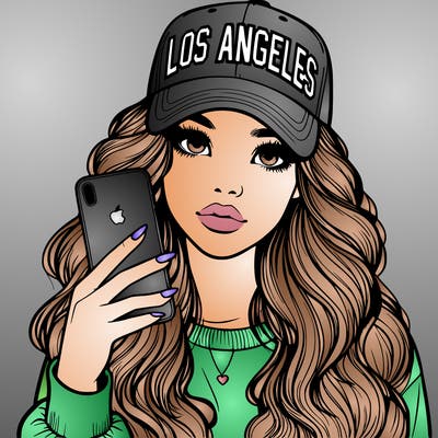 realistic beautiful girl wearing los ángeles cap holding an iphone