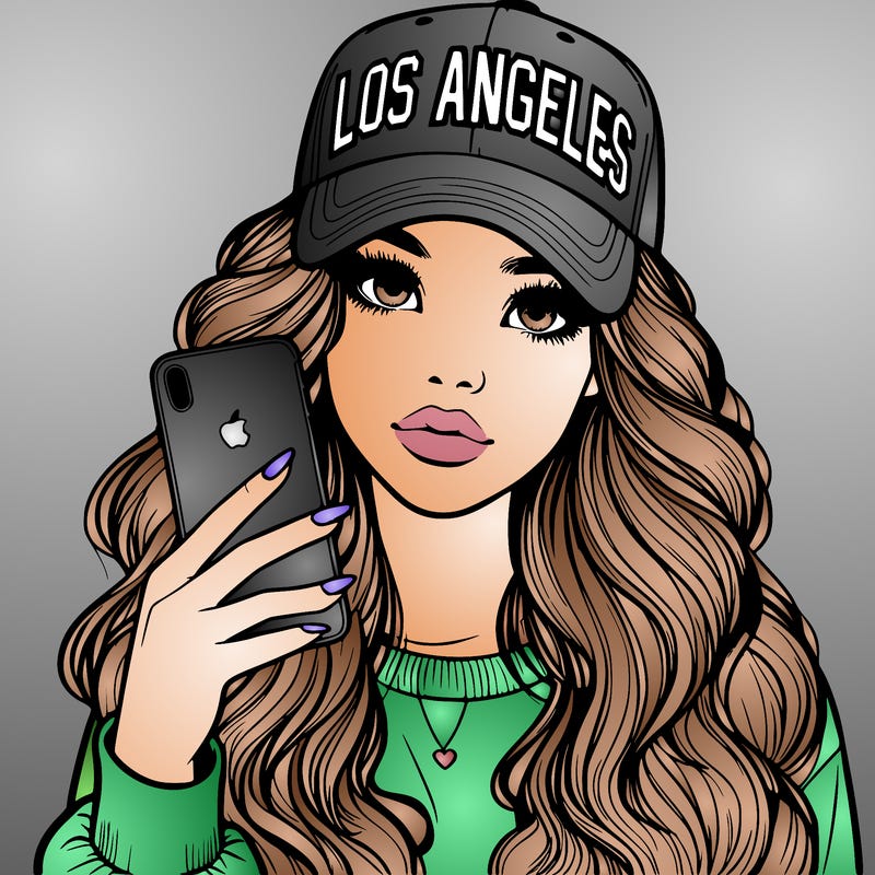 realistic beautiful girl wearing los ángeles cap holding an iphone