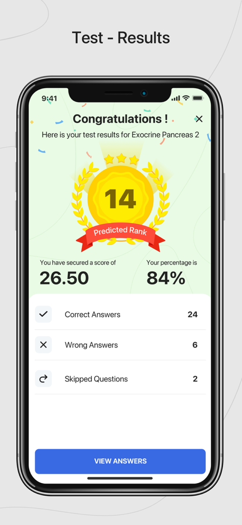 Speed Learning - Test results screen showing a predicted rank of 14 and an 84 percent score