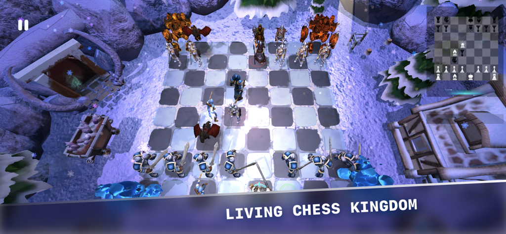 3D fantasy chess game with animated characters on a snowy board