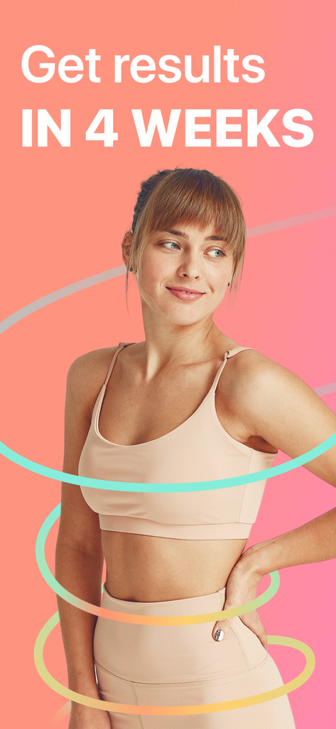 フィットネスウェアの女性に「4週間で結果を出す」というテキストオーバーレイが表示されている