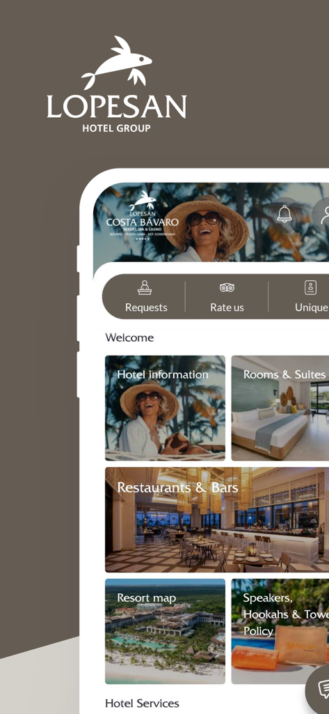 Interfaz de usuario de la aplicación móvil Lopesan Hotel Group que muestra las características del resort y los servicios para huéspedes