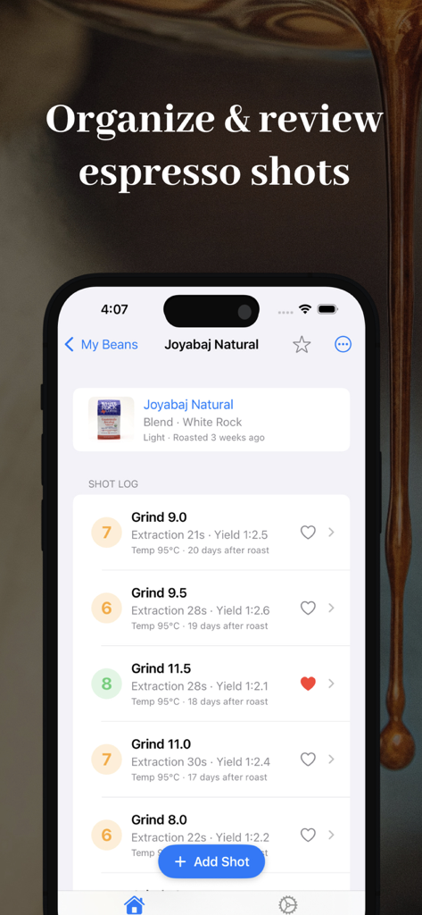 Dial In Espresso - Mobile interface of Dial In Espresso app showing coffee bean details and a log of espresso extraction parameters