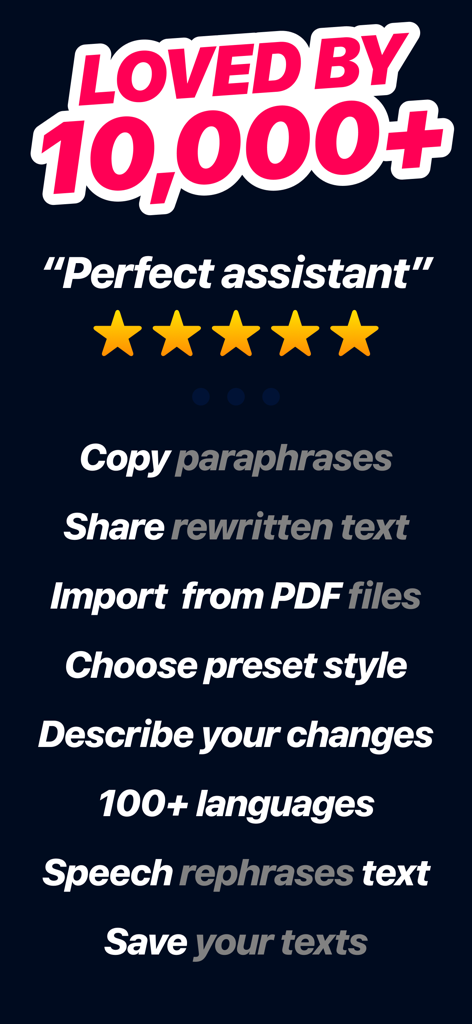 Captura de tela do aplicativo mostrando recursos como importação de PDF, mais de 100 idiomas e avaliações de usuários para humanizar texto de IA.