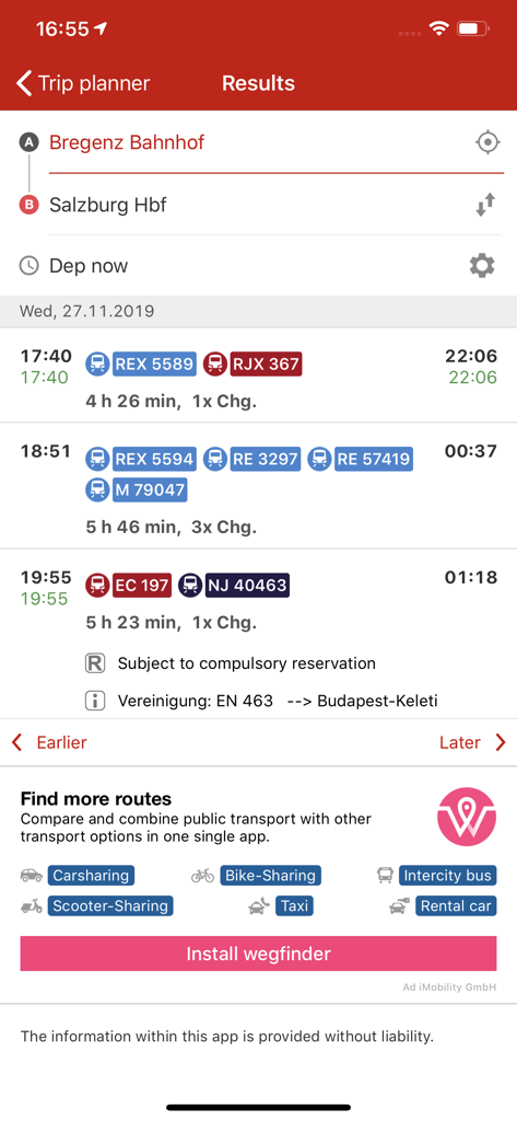 BregenzとSalzburg間の旅行のÖBB Scottyアプリでの電車検索結果。さまざまな接続オプションと出発時刻が表示されています。
