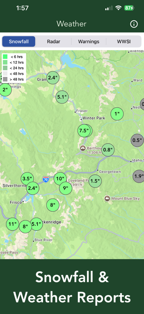 Washington Road Conditions - Snowfall and weather report screen showing a map with accumulation data