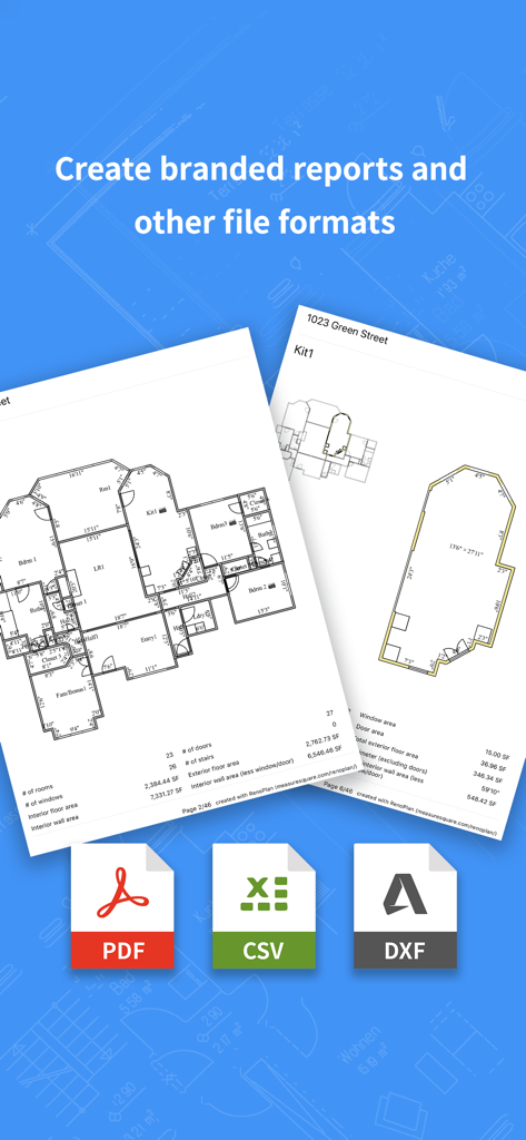 RenoPlan app showcasing floor plan reports with export options for PDF CSV and DXF formats