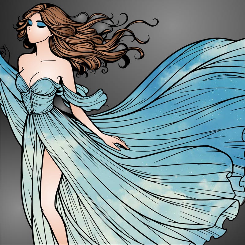 realistic woman in dress flowing the the wind