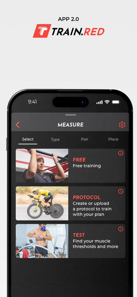 Train.Red app interface showing measurement options for Free training, Protocol, and physiological Testing.