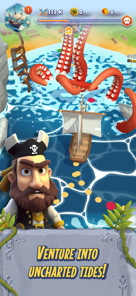 Rise of Empire: Idle Tycoon - Pirate character and ship facing giant octopus tentacles in the sea