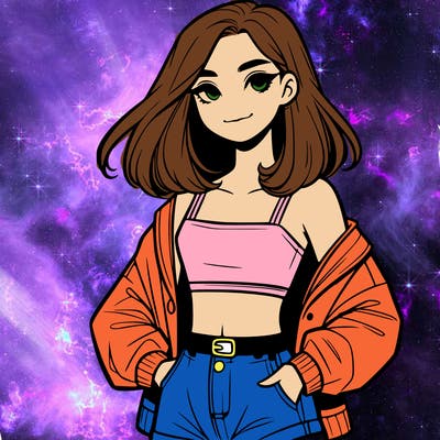 a realistic girl with a crop top and short shorts in an open jacket