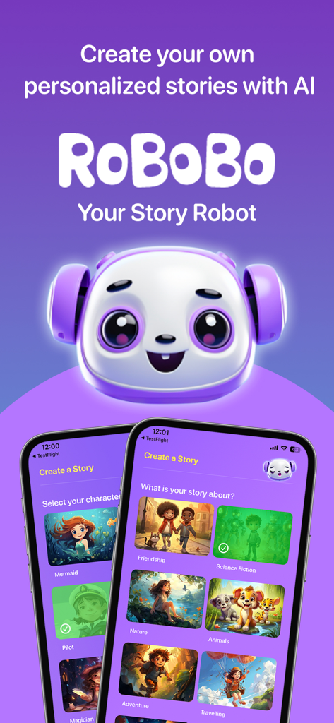 Kidly App-Oberfläche, die RoBoBo den KI-Roboter und den personalisierten Story-Erstellungsbildschirm für Kinder zeigt.