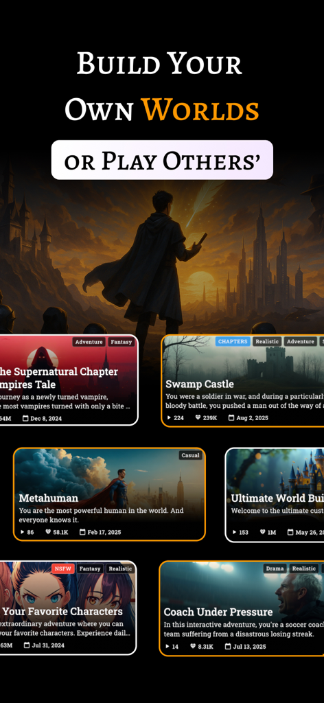 FableAI app screen showing various AI generated story cards and the option to build own worlds