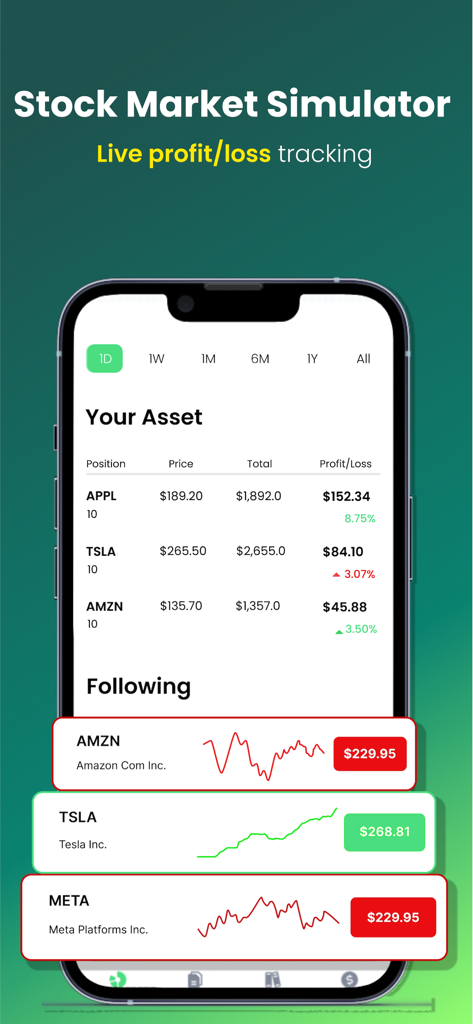 Interfaz de la aplicación Stock Market Simulator que muestra un portafolio de acciones virtual con seguimiento de pérdidas y ganancias en vivo para activos como Apple y Tesla