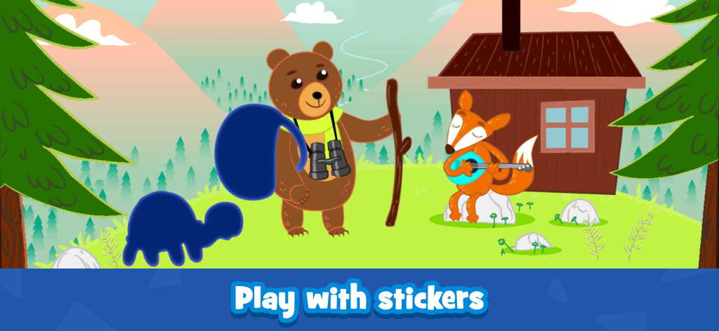 Interactive toddler puzzle scene featuring a bear, a fox playing guitar, and animal stickers to match silhouettes.
