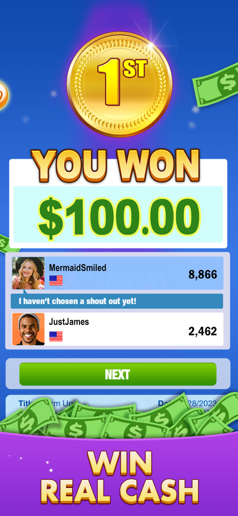 Bingo: Real Money Game - A screen from the Bingo Real Money Game showing a player winning one hundred dollars in first place on the leaderboard